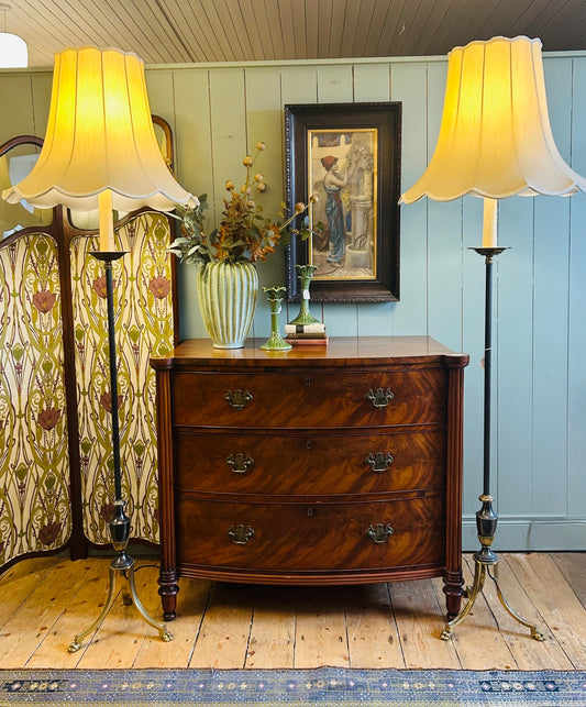 Pair of Brass Standard Lamps with Ivory Shades