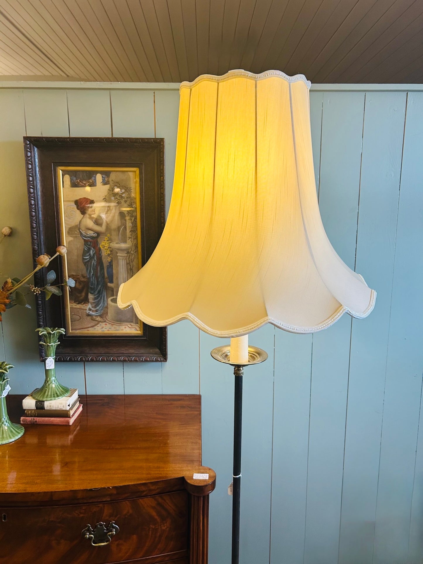 Pair of Brass Standard Lamps with Ivory Shades