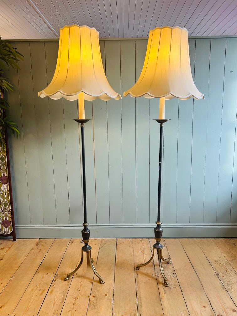 Pair of Brass Standard Lamps with Ivory Shades