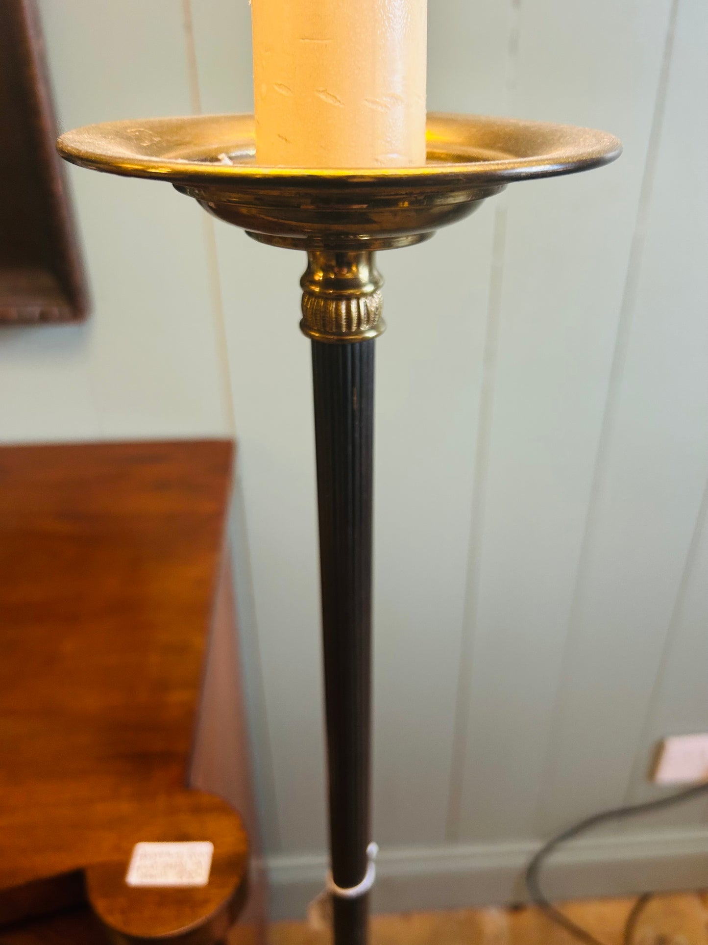 Pair of Brass Standard Lamps with Ivory Shades