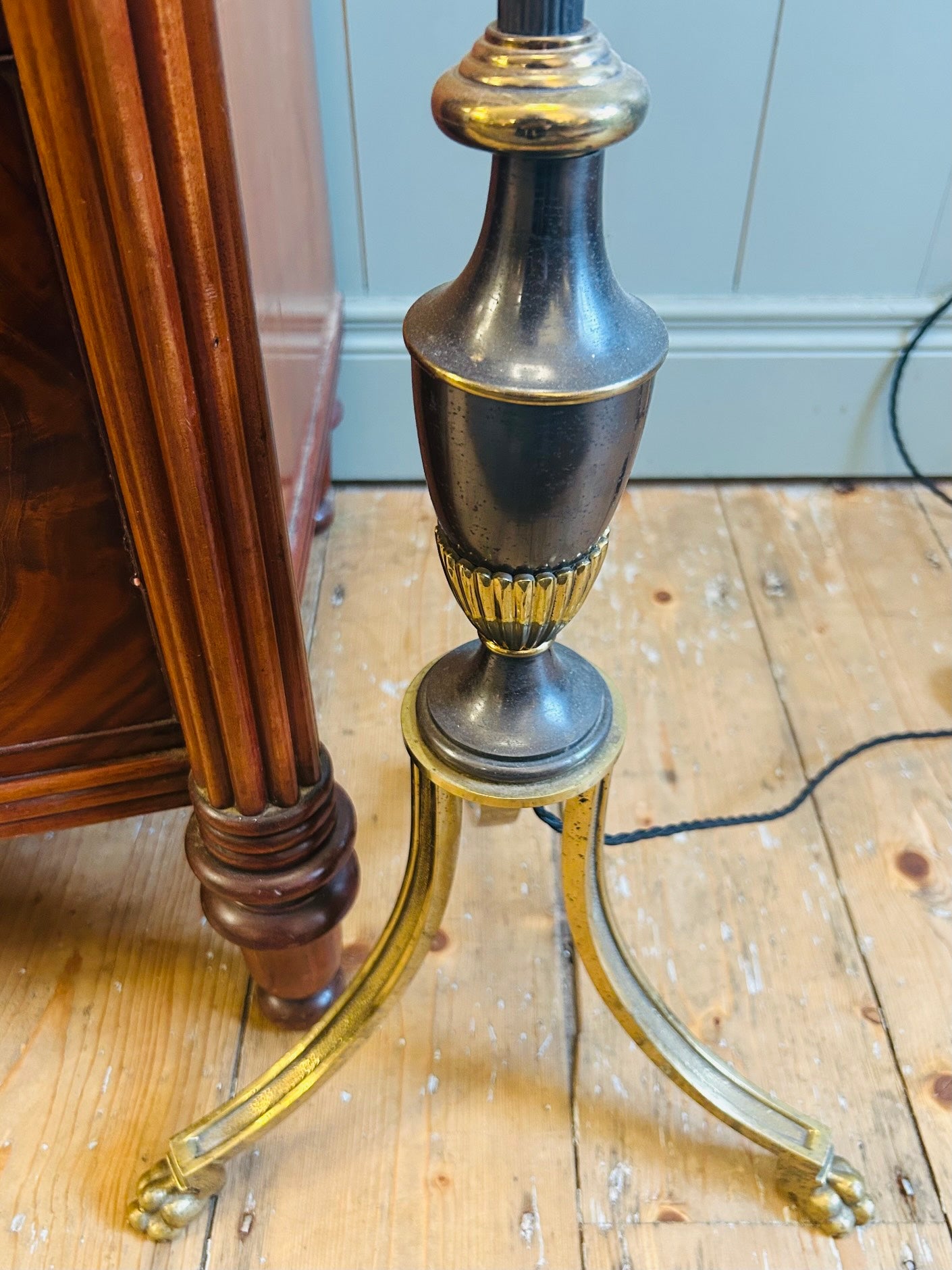 Pair of Brass Standard Lamps with Ivory Shades