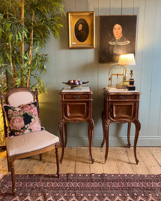 Pair of French Oak Louis XV Marble Top Nightstands