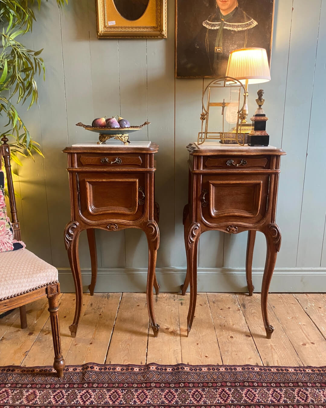 Pair of French Oak Louis XV Marble Top Nightstands