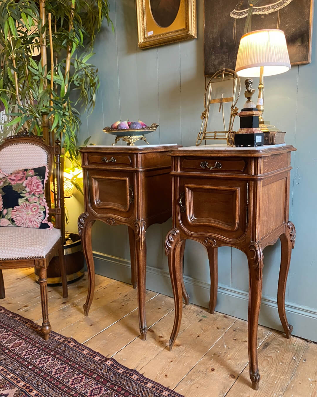 Pair of French Oak Louis XV Marble Top Nightstands