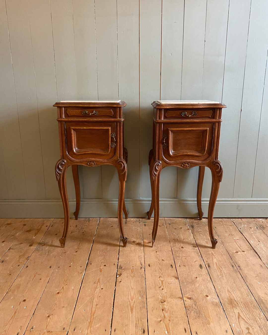 Pair of French Oak Louis XV Marble Top Nightstands