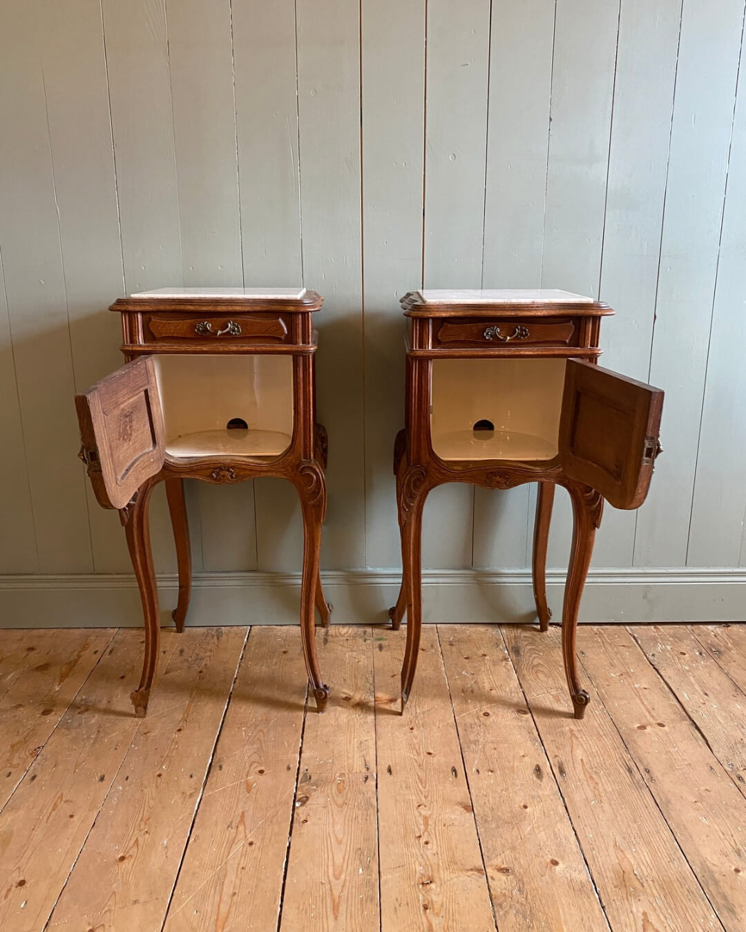 Pair of French Oak Louis XV Marble Top Nightstands