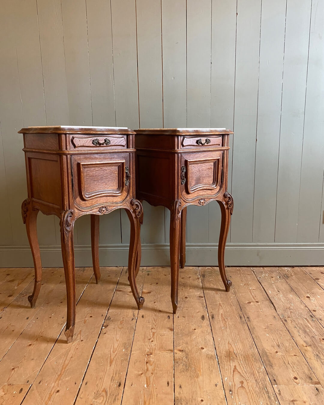 Pair of French Oak Louis XV Marble Top Nightstands