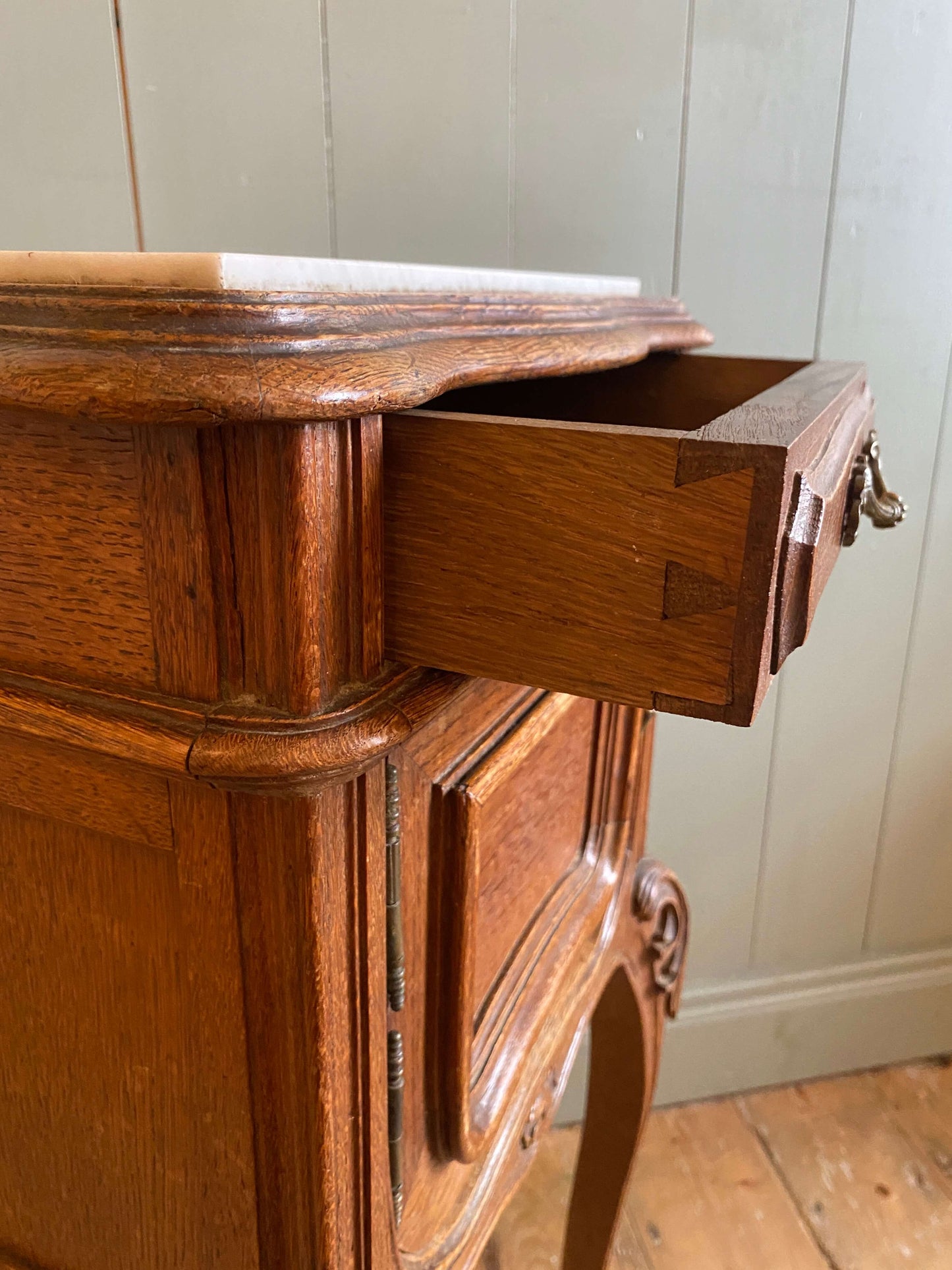 Pair of French Oak Louis XV Marble Top Nightstands