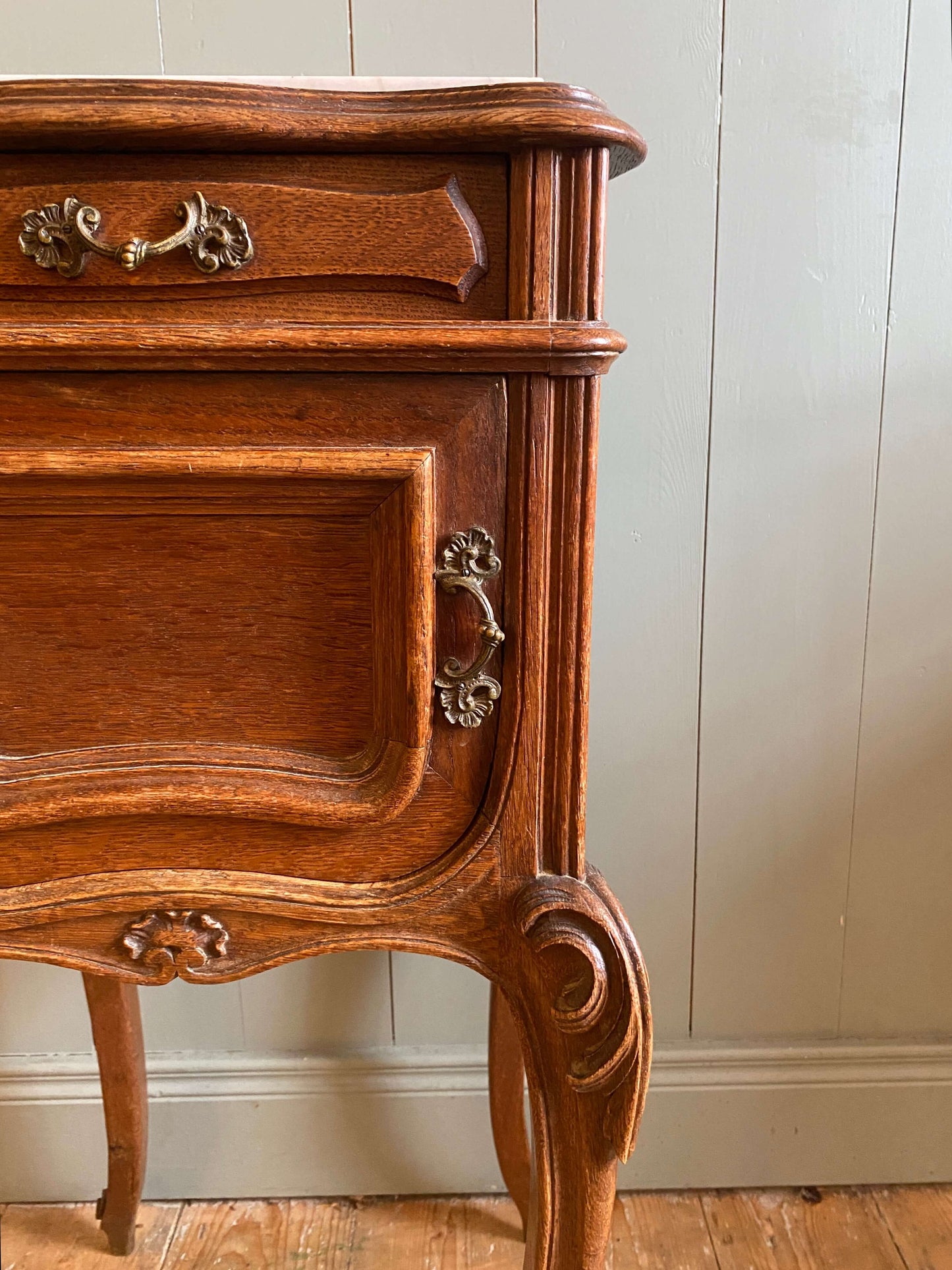 Pair of French Oak Louis XV Marble Top Nightstands