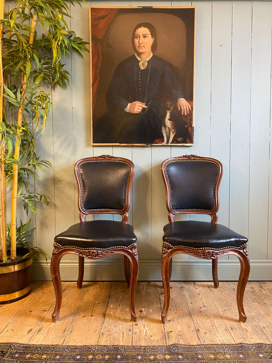 Pair Of Louis XV Style Walnut & Leather Side Chairs