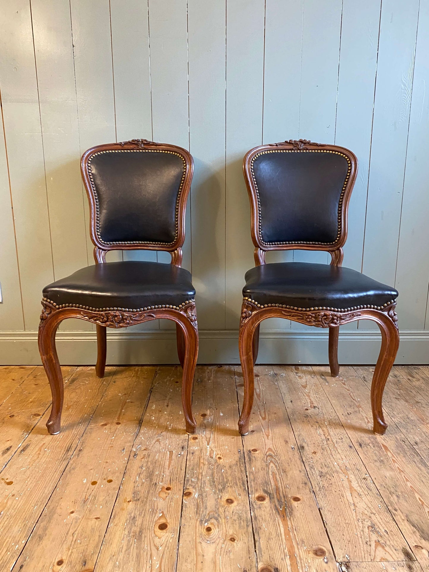Pair Of Louis XV Style Walnut & Leather Side Chairs