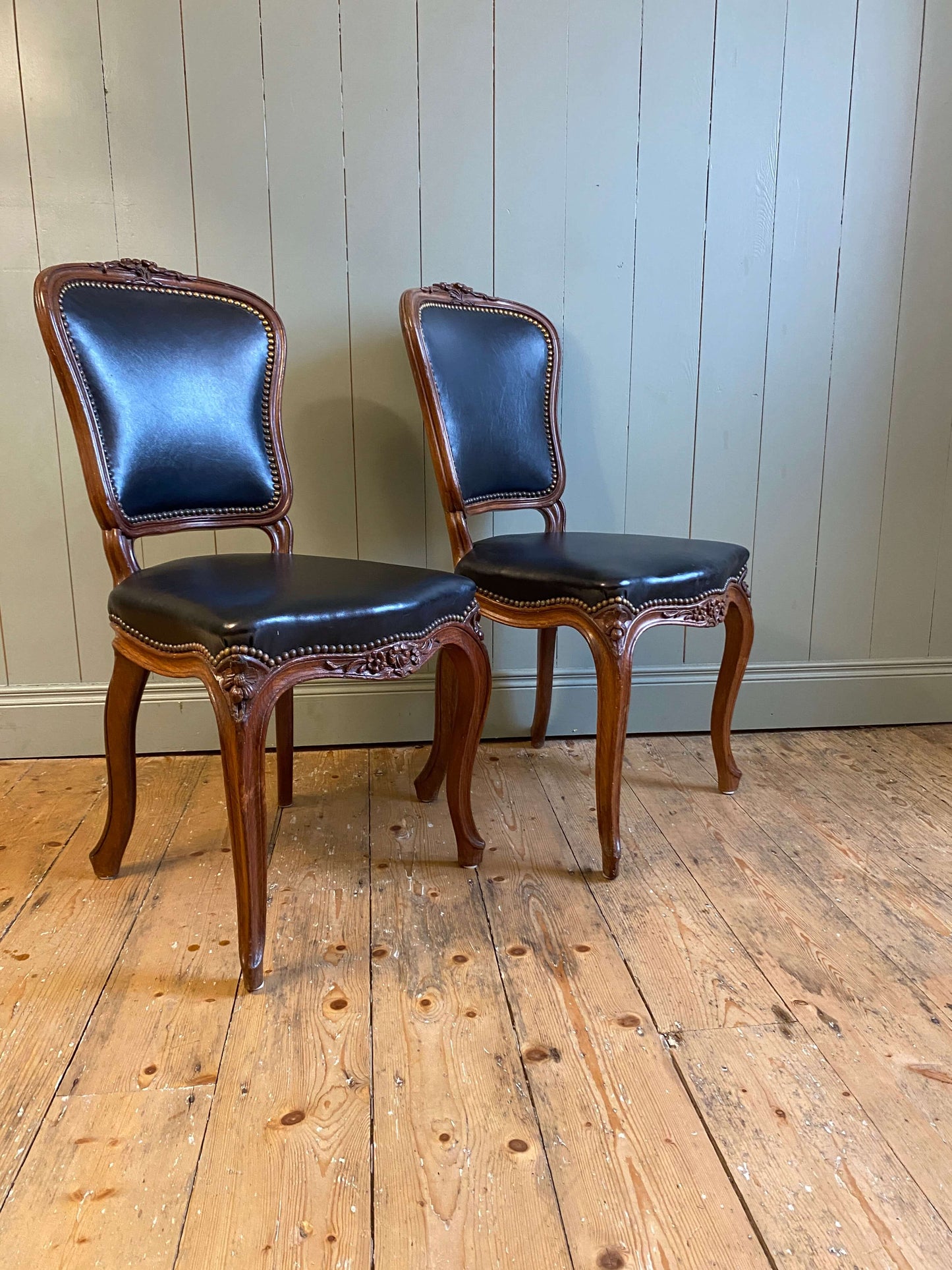 Pair Of Louis XV Style Walnut & Leather Side Chairs