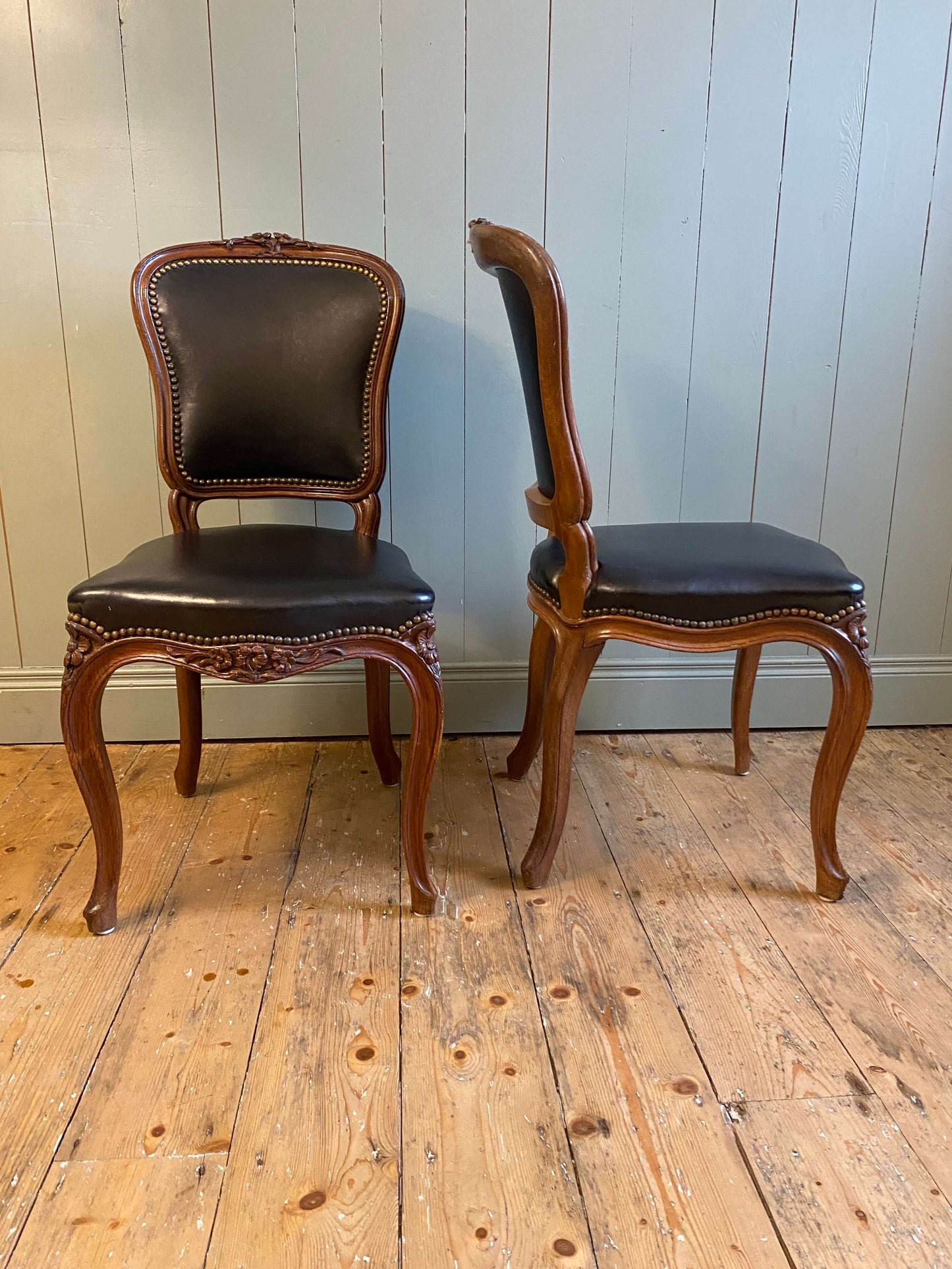 Pair Of Louis XV Style Walnut & Leather Side Chairs