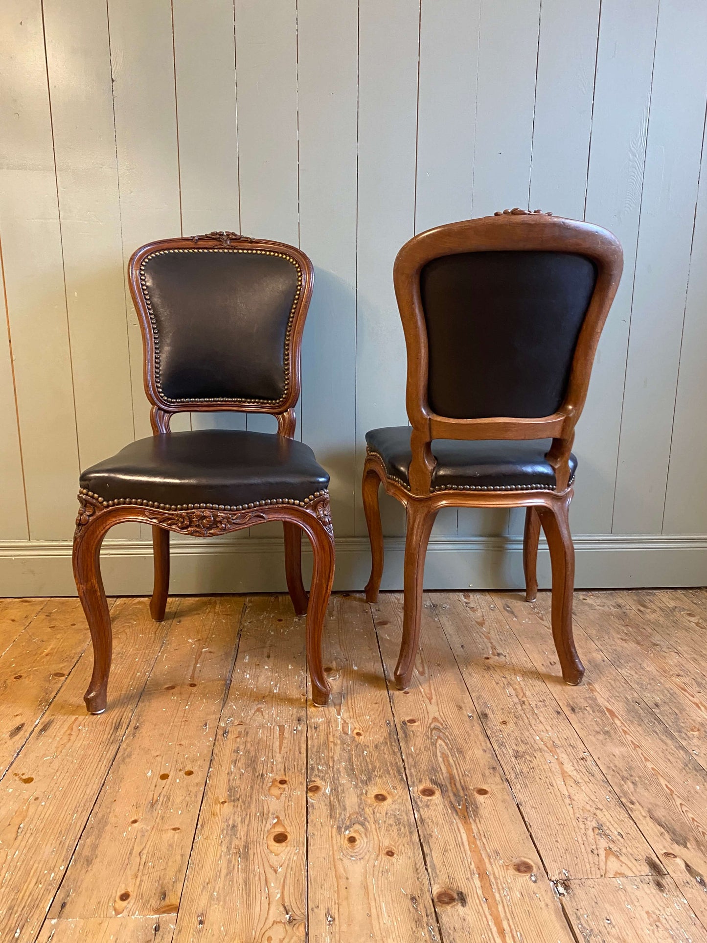 Pair Of Louis XV Style Walnut & Leather Side Chairs