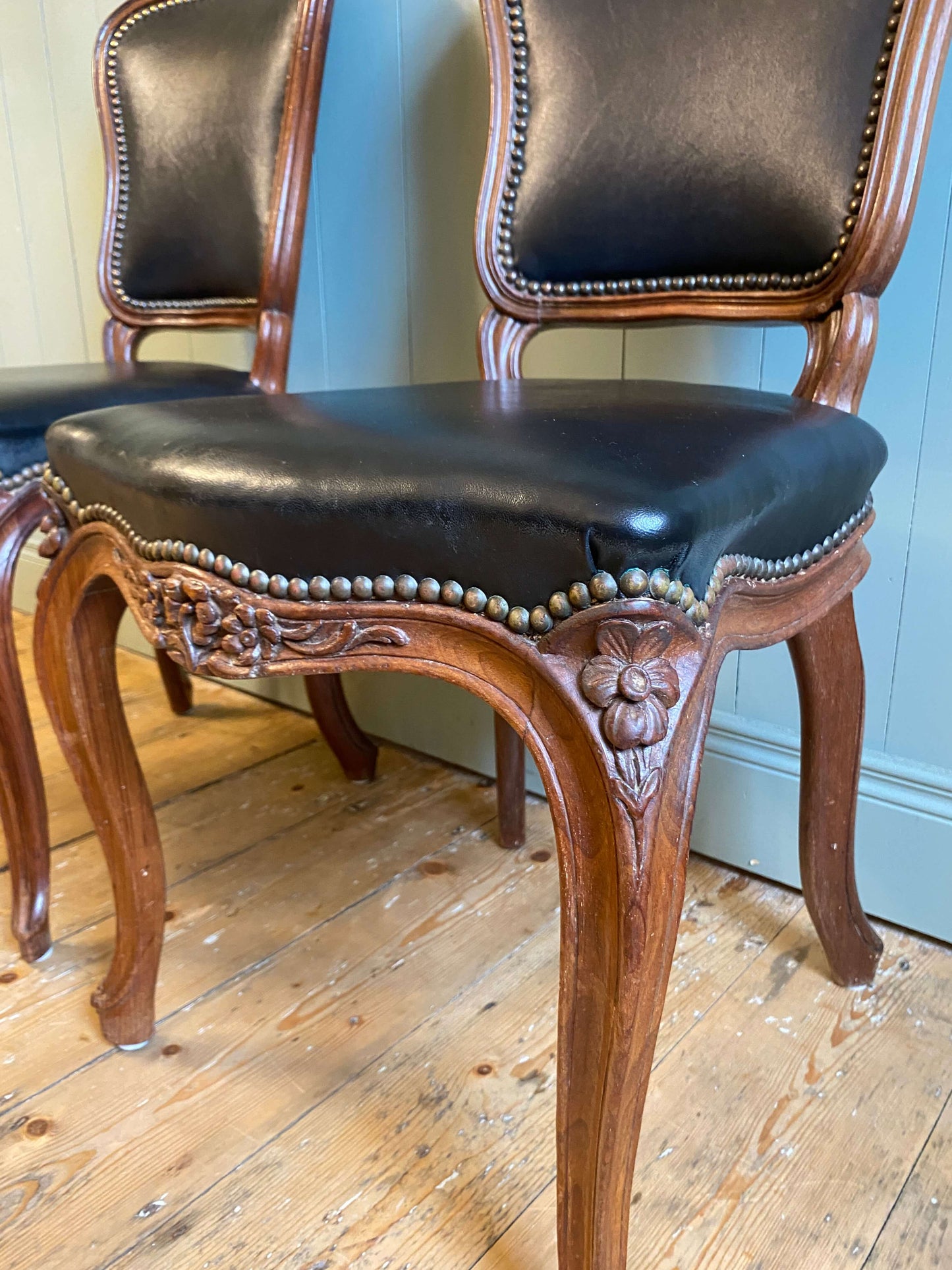 Pair Of Louis XV Style Walnut & Leather Side Chairs