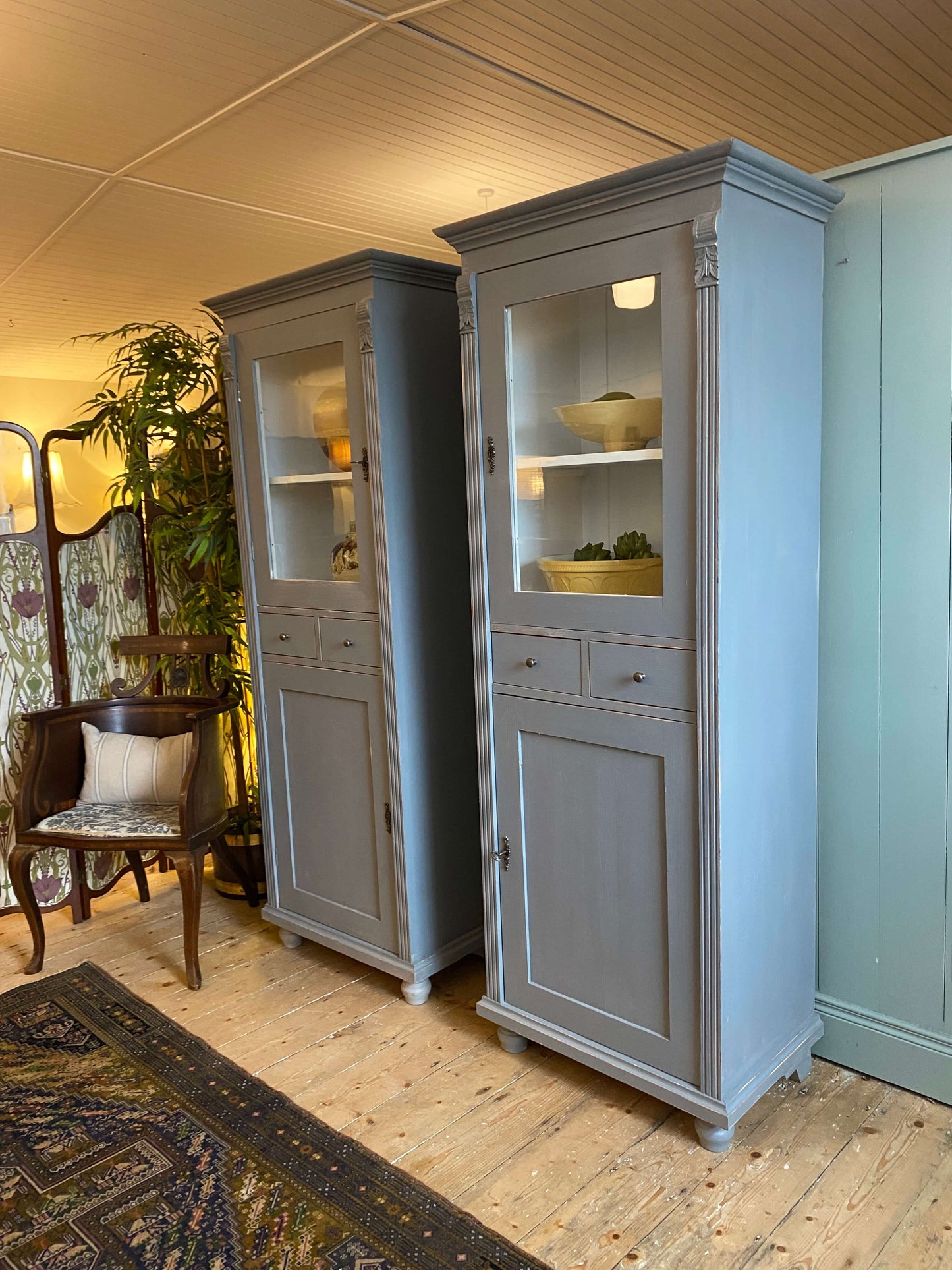 Pair Of Painted Pine Glazed Cupboards