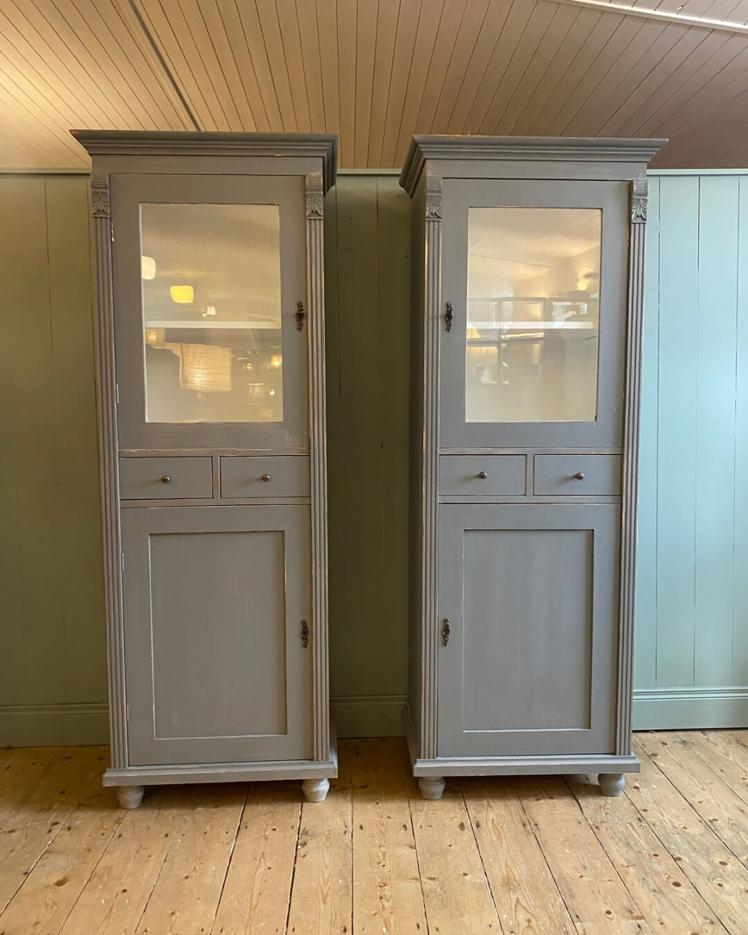 Pair Of Painted Pine Glazed Cupboards