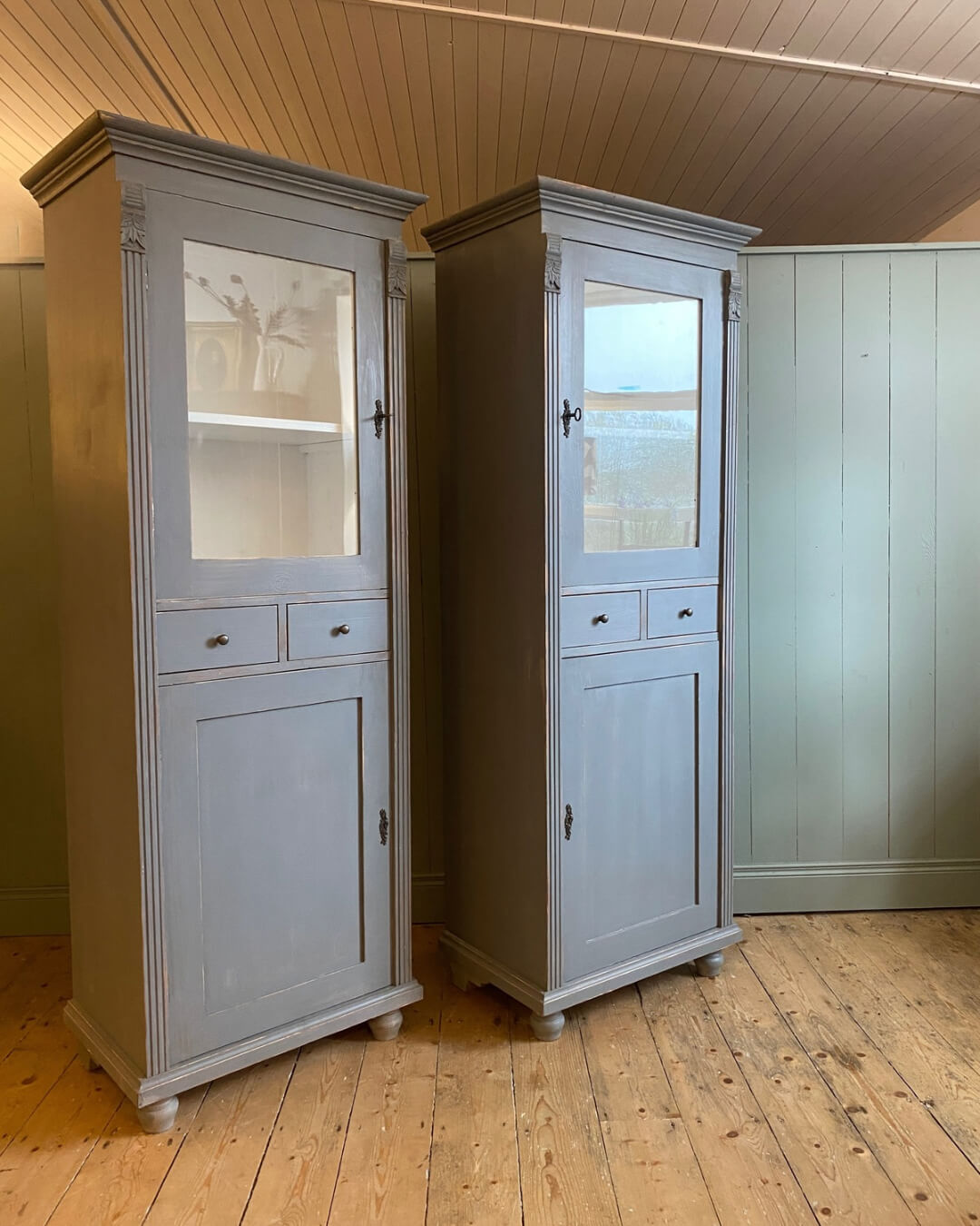 Pair Of Painted Pine Glazed Cupboards