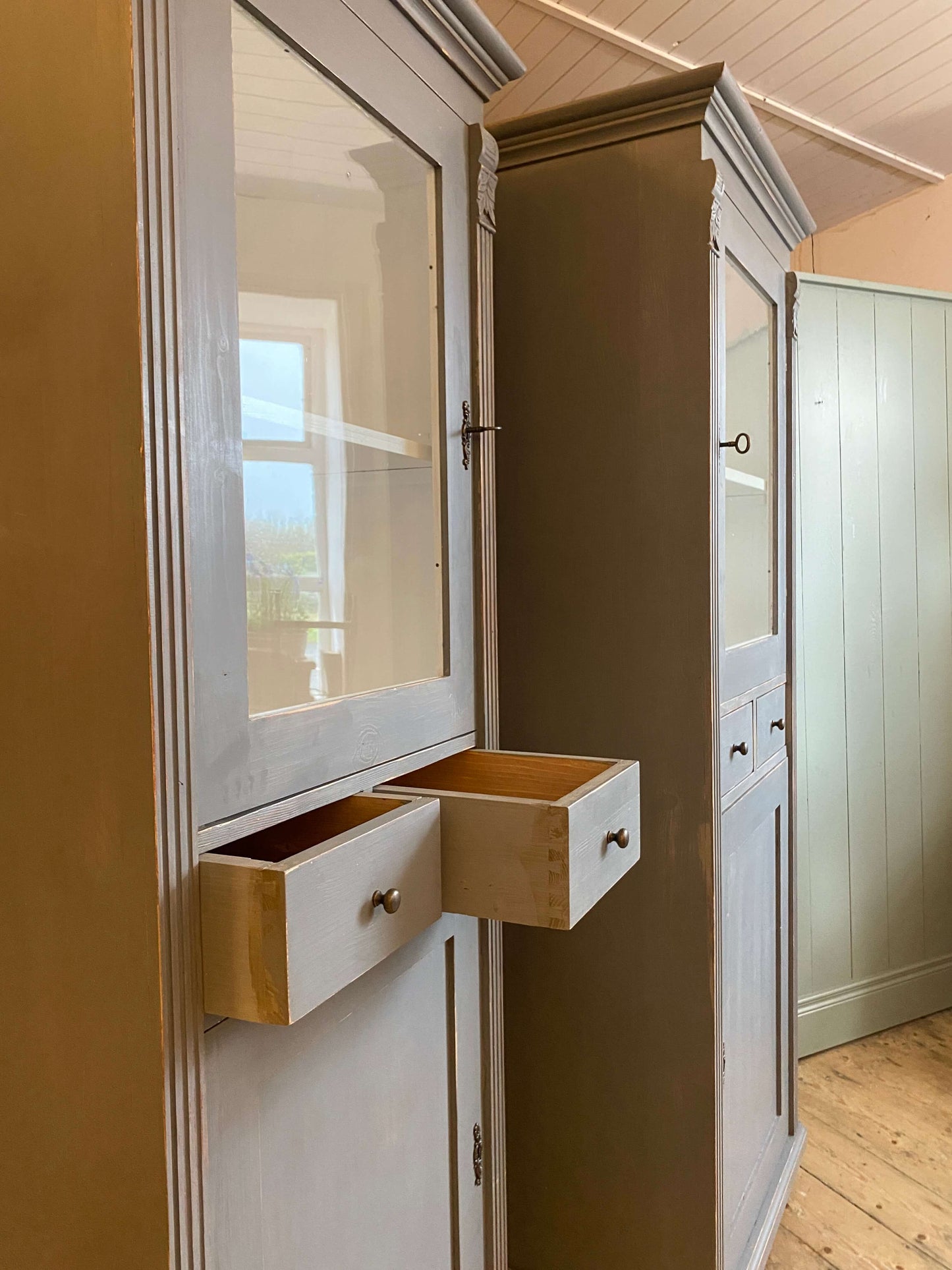 Pair Of Painted Pine Glazed Cupboards