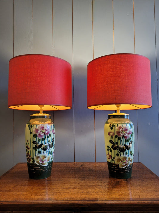 Pair of Hand Painted Table Lamp Bases with Handmade Shades