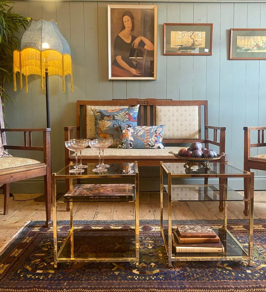 Pair of Vintage Smoked Glass & Brass Side Tables