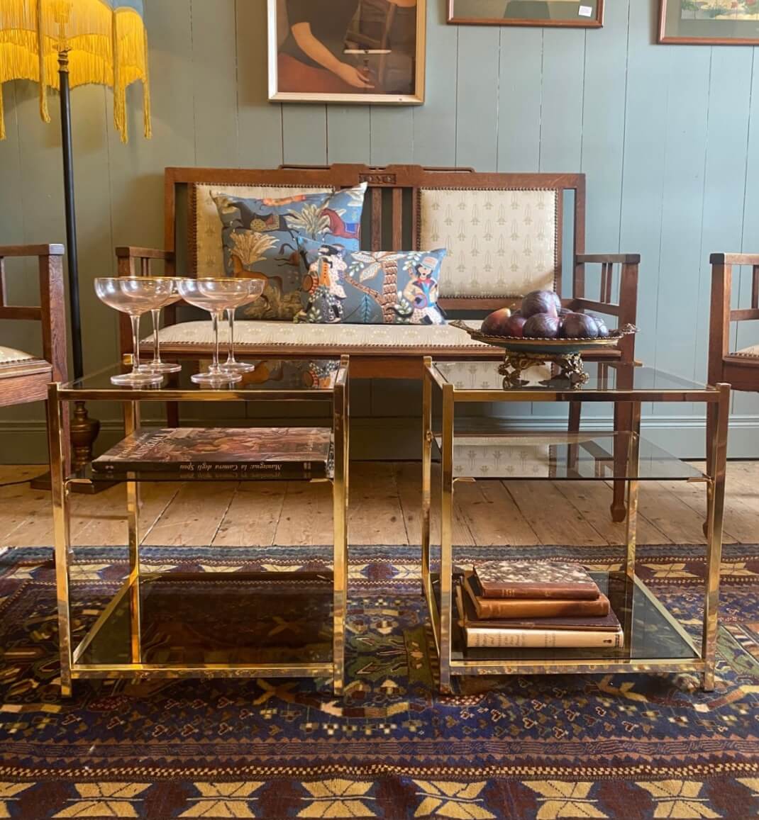 Pair of Vintage Smoked Glass & Brass Side Tables
