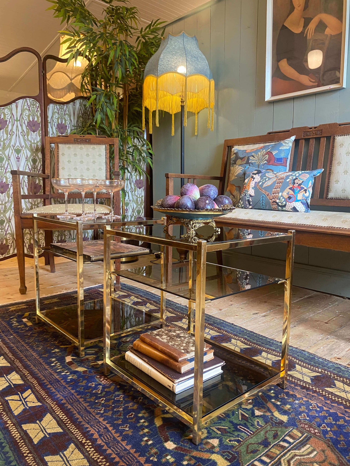 Pair of Vintage Smoked Glass & Brass Side Tables