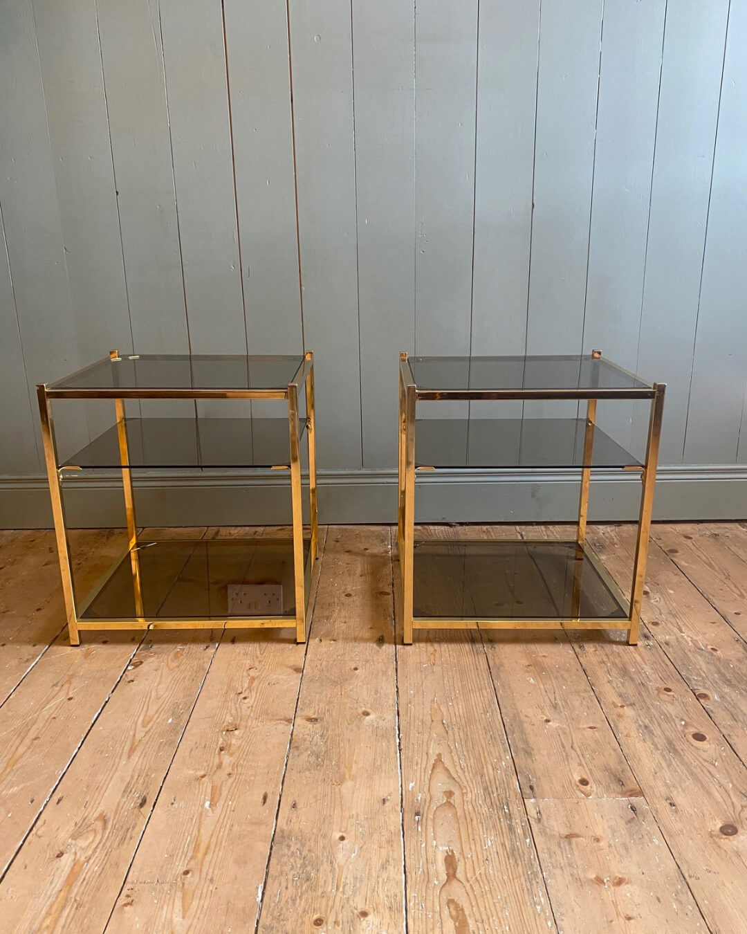 Pair of Vintage Smoked Glass & Brass Side Tables