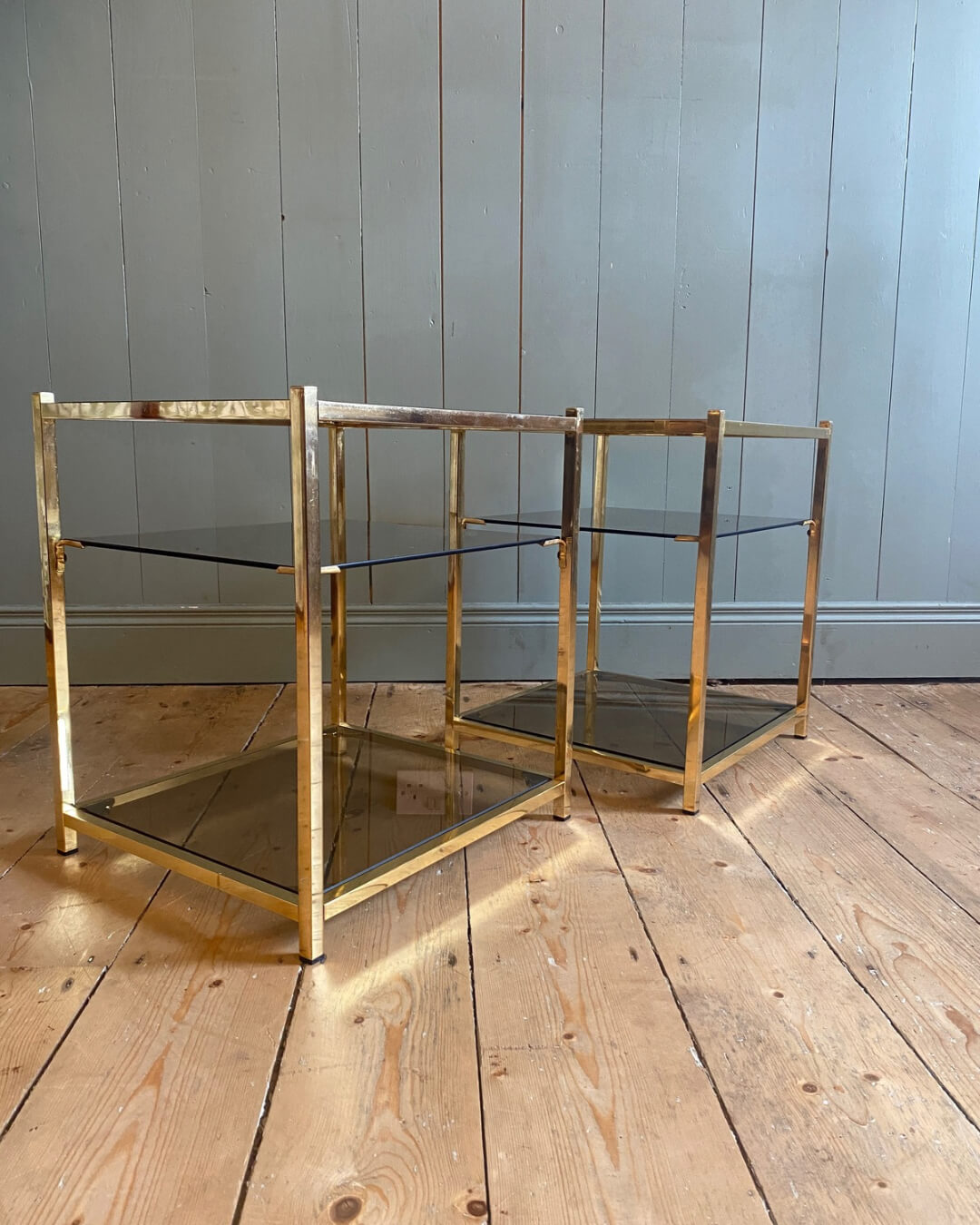 Pair of Vintage Smoked Glass & Brass Side Tables
