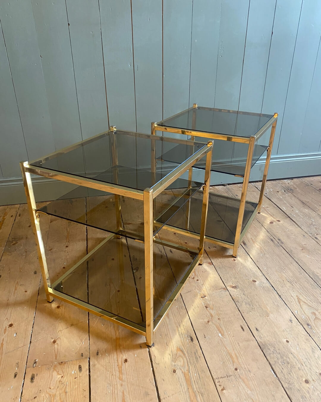Pair of Vintage Smoked Glass & Brass Side Tables