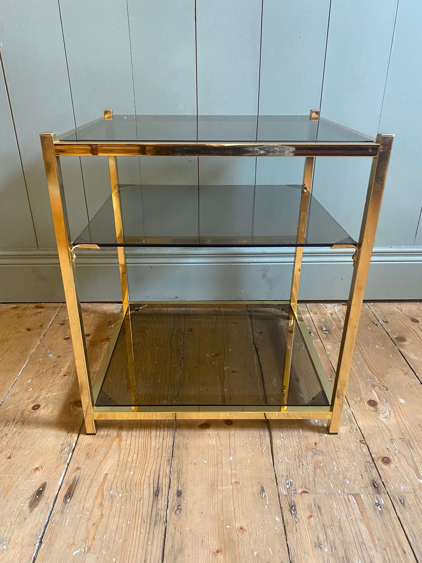 Pair of Vintage Smoked Glass & Brass Side Tables