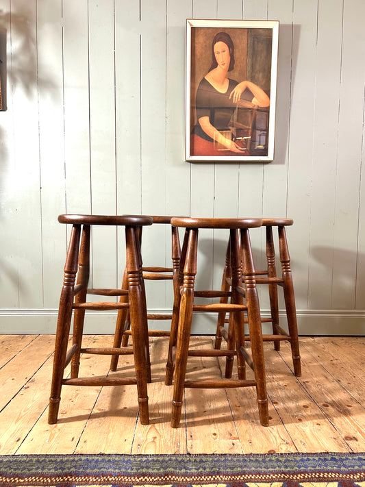 Set of 4 Antique Oak High Stools