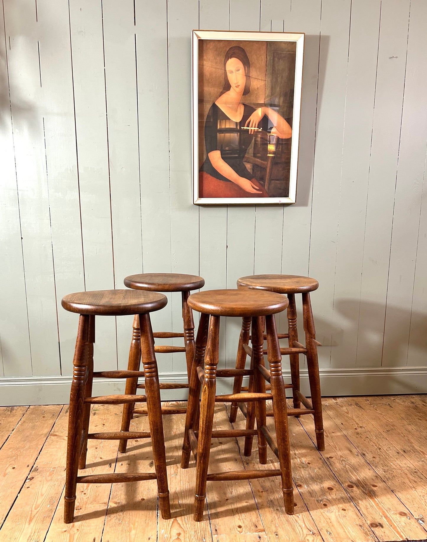 Set of 4 Antique Oak High Stools
