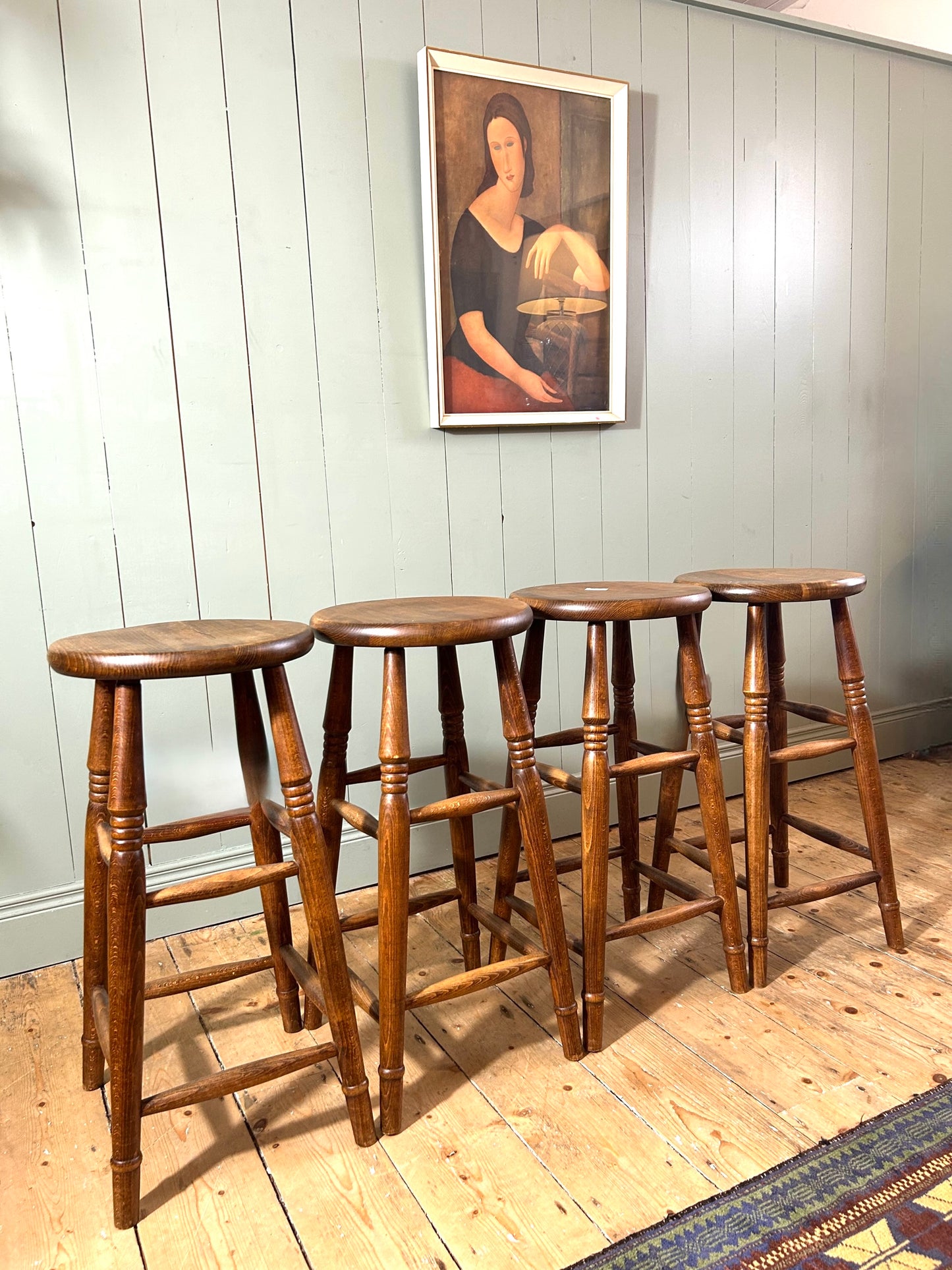 Set of 4 Antique Oak High Stools