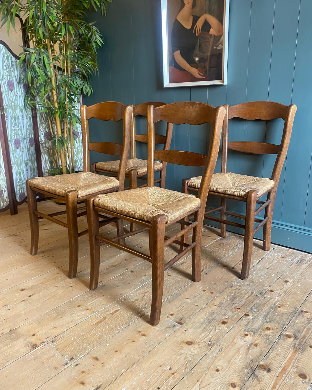 Set of 4 Oak Rush Seat Chairs
