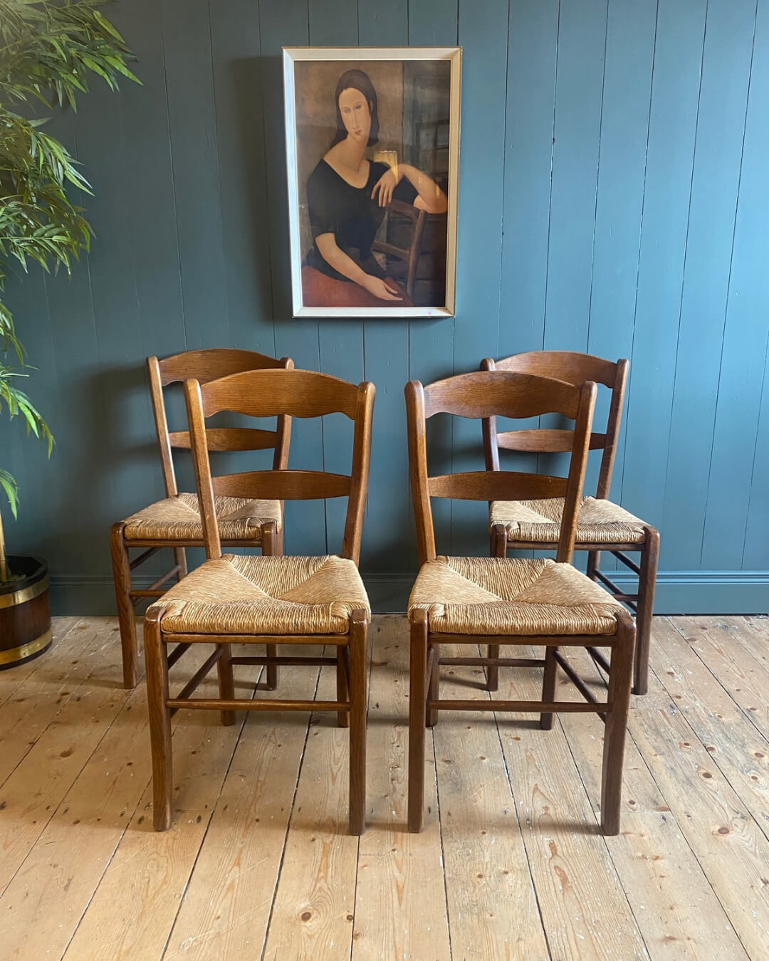 Set of 4 Oak Rush Seat Chairs