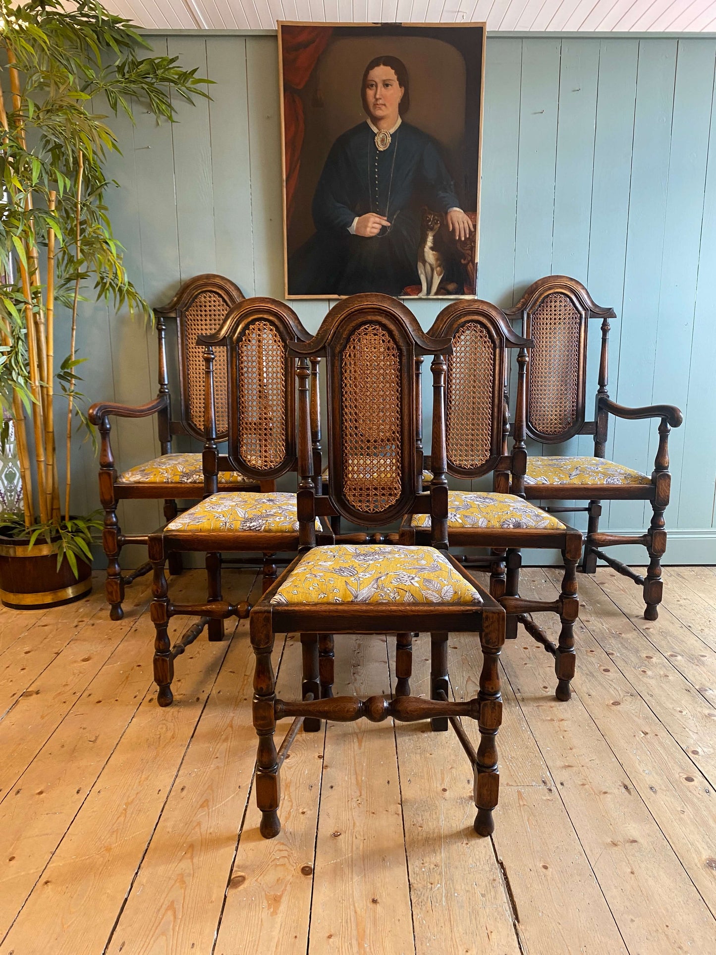 Set of 6 Oak High Back Dining Chairs