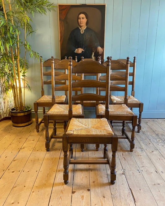 Set Of 6 Oak Ladder Back Dining Chairs