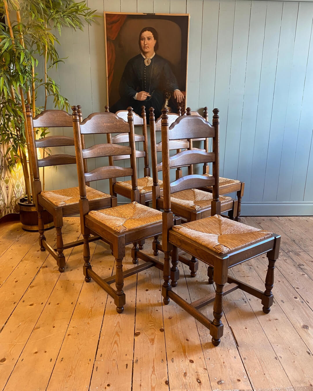 Set Of 6 Oak Ladder Back Dining Chairs
