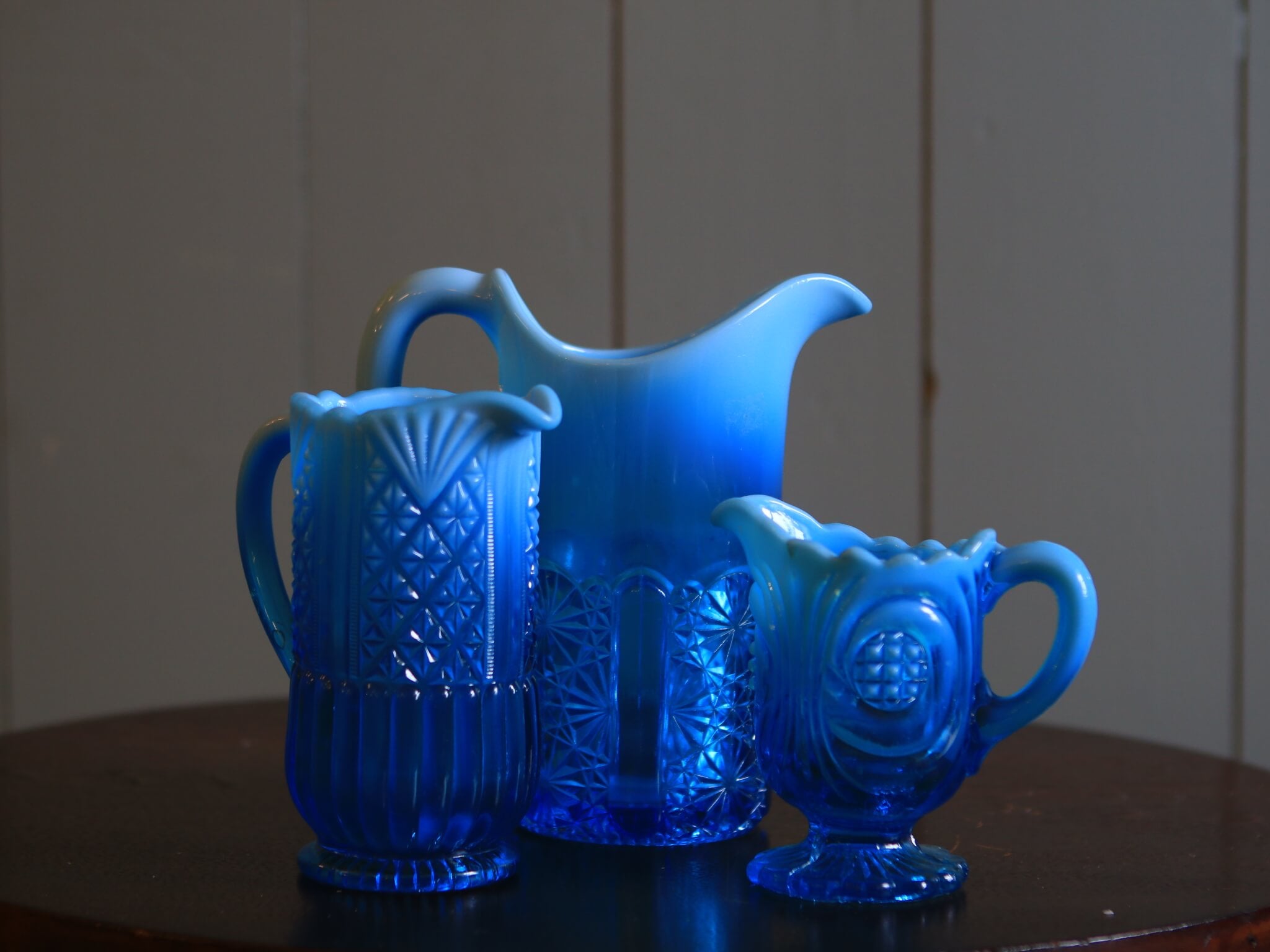 Set of Three Blue Uranium Glass Jugs – The Gaiety Antique & Vintage Store