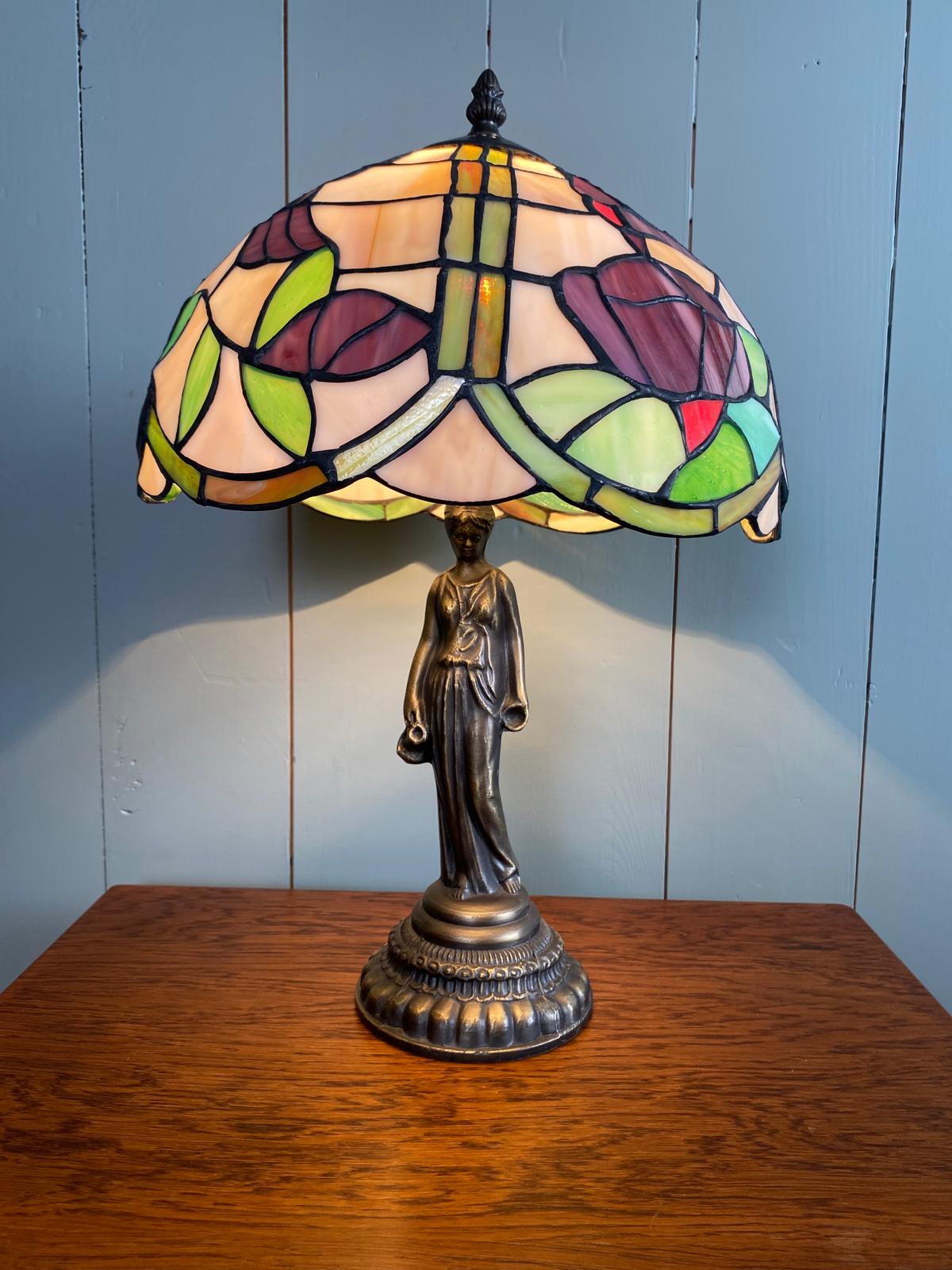 Tiffany Style Lamp on Statue Base with Stained Glass Shade