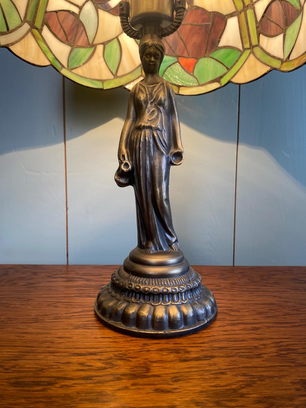 Tiffany Style Lamp on Statue Base with Stained Glass Shade