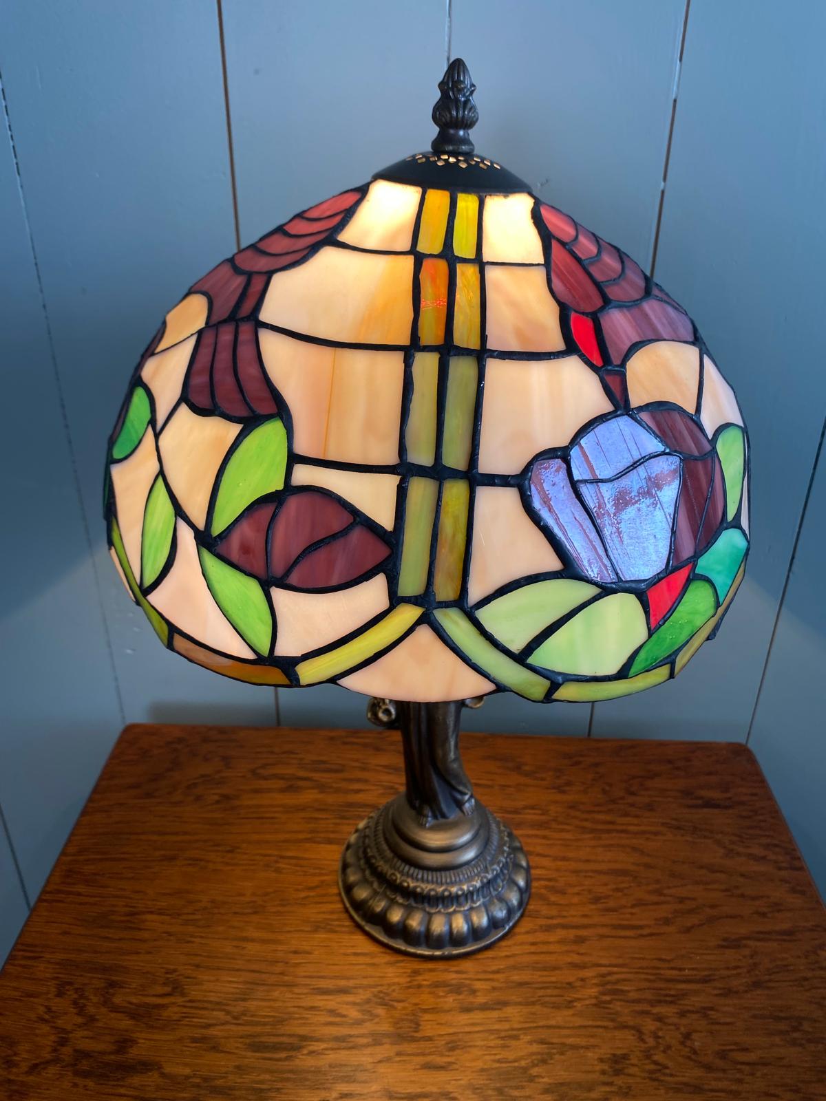 Tiffany Style Lamp on Statue Base with Stained Glass Shade