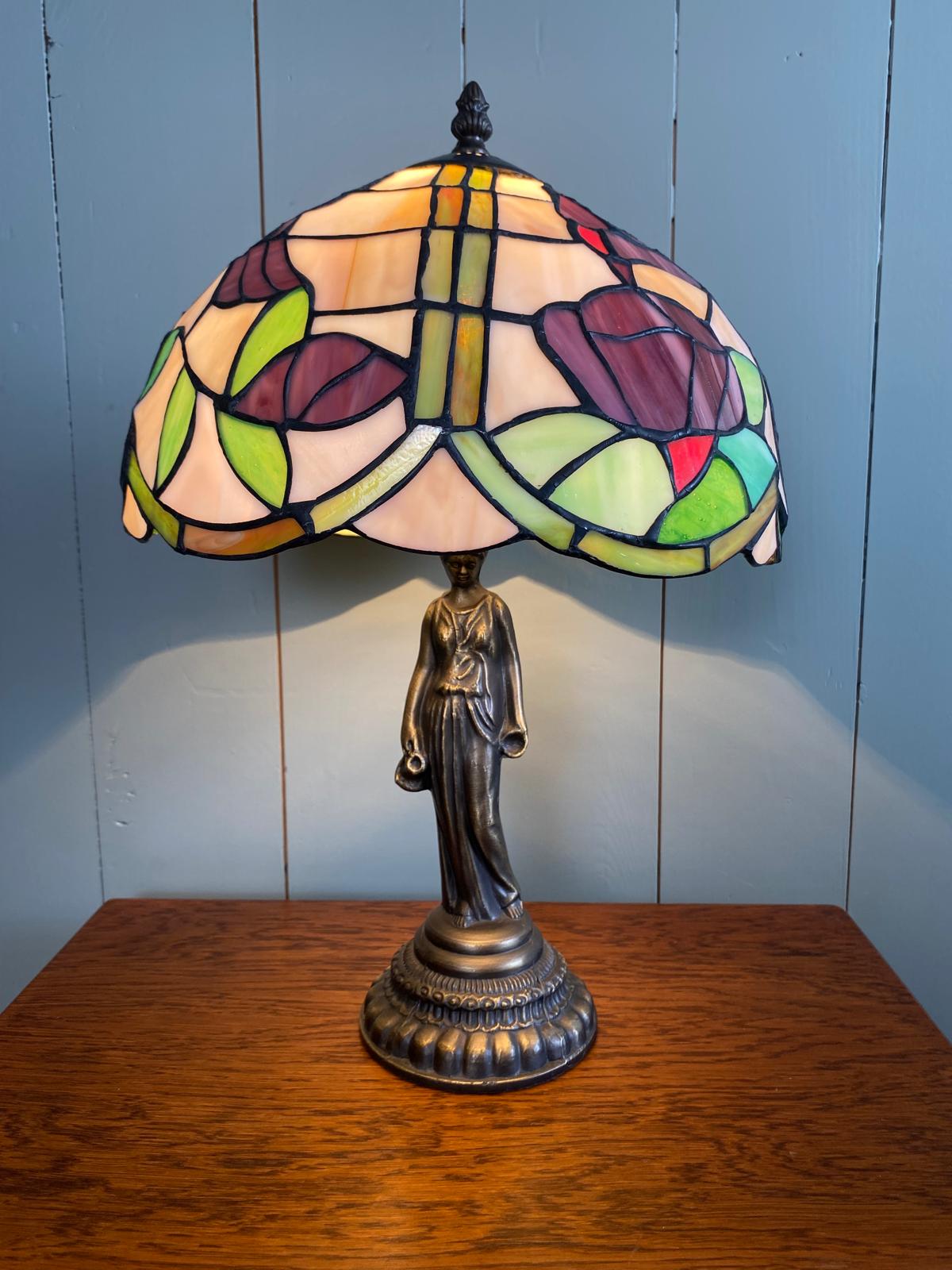 Tiffany Style Lamp on Statue Base with Stained Glass Shade