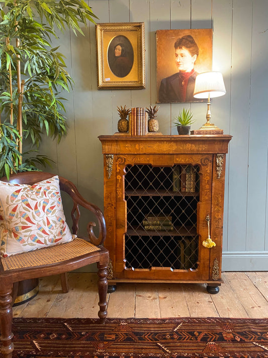 Victorian Burr Walnut & Floral Inlaid Pier Cabinet