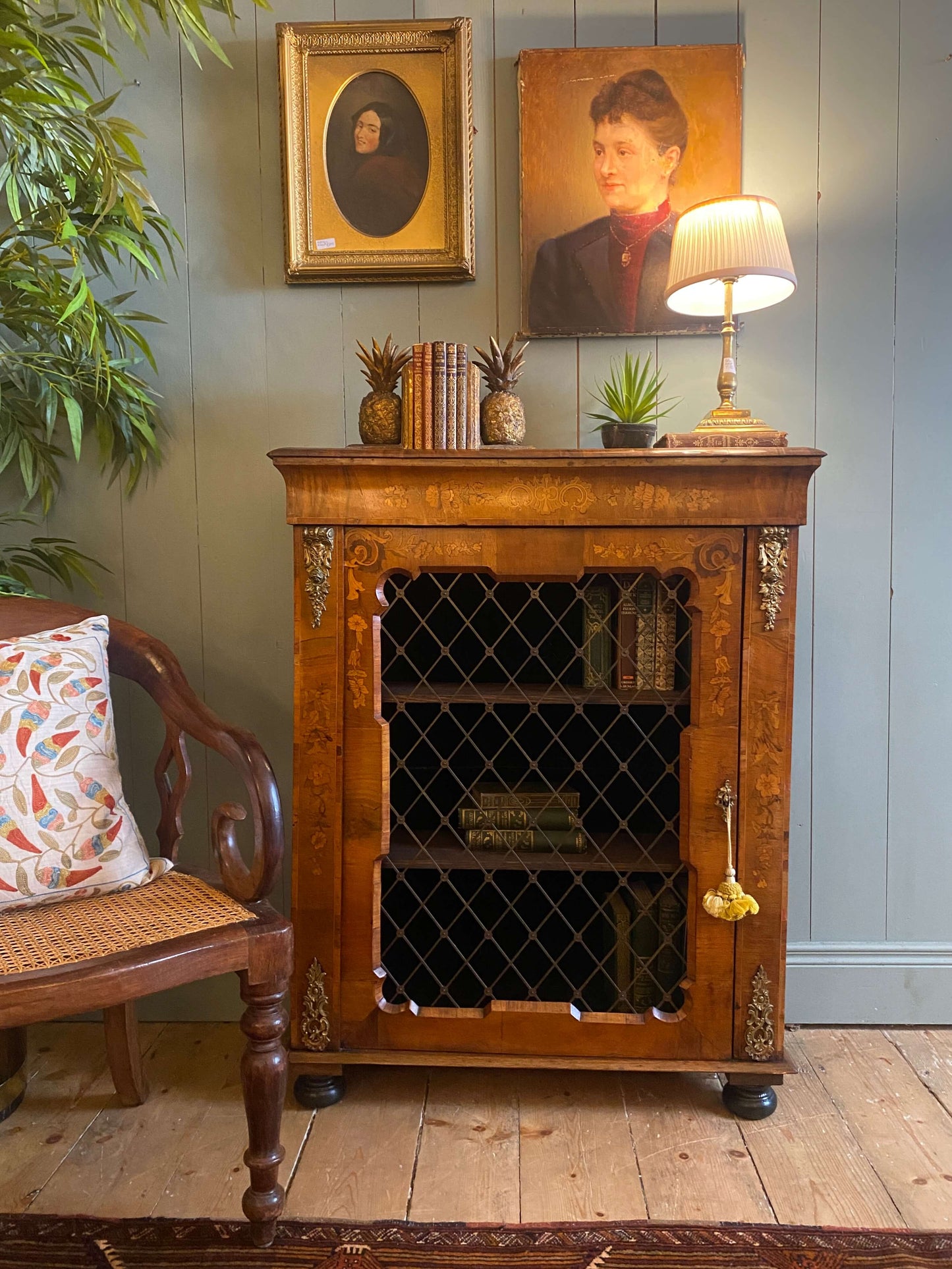 Victorian Burr Walnut & Floral Inlaid Pier Cabinet
