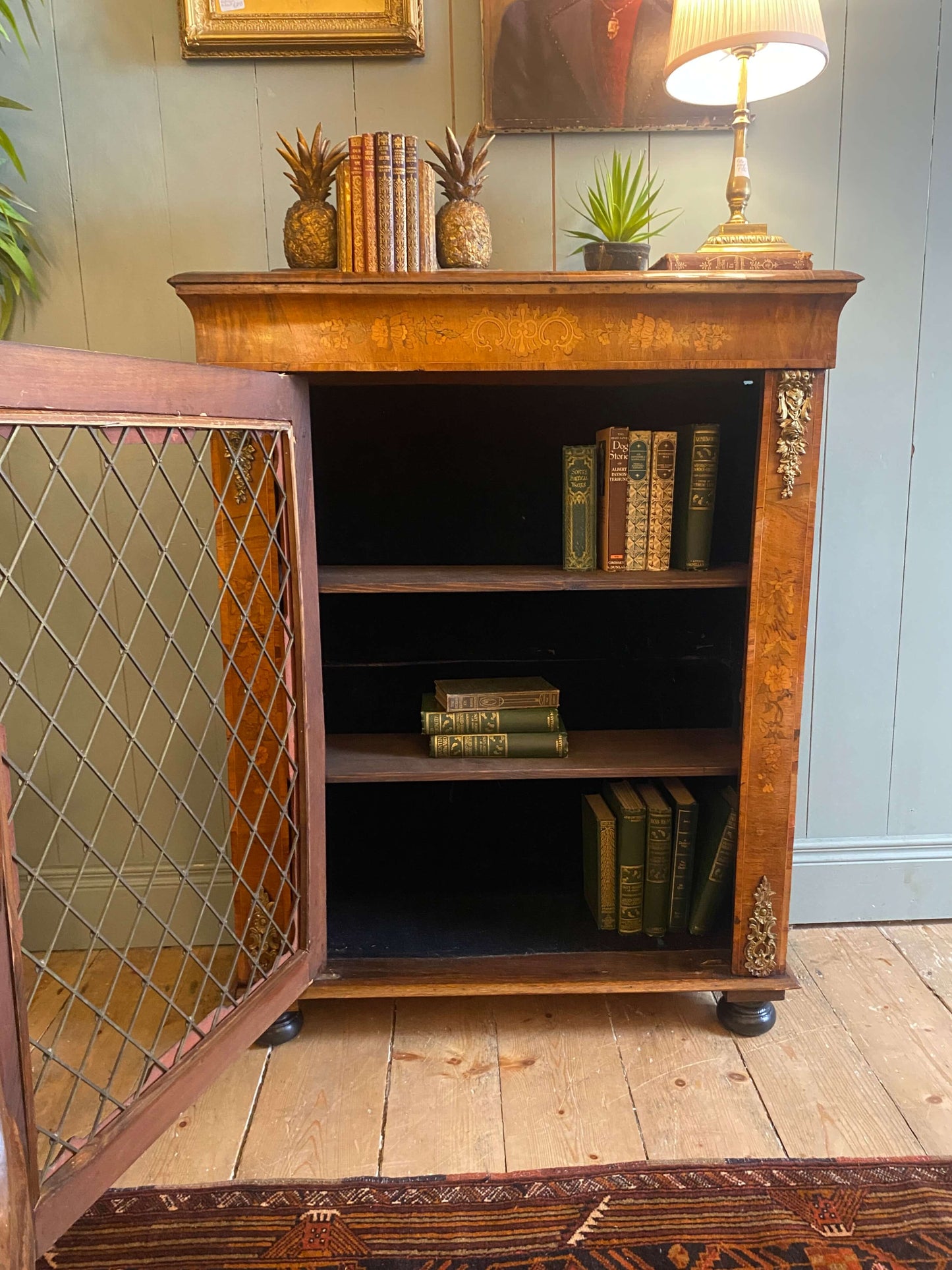 Victorian Burr Walnut & Floral Inlaid Pier Cabinet