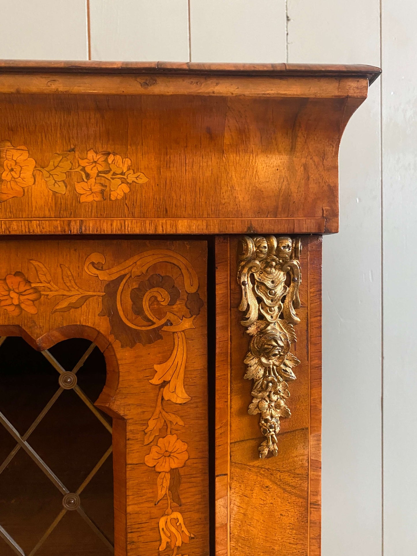 Victorian Burr Walnut & Floral Inlaid Pier Cabinet