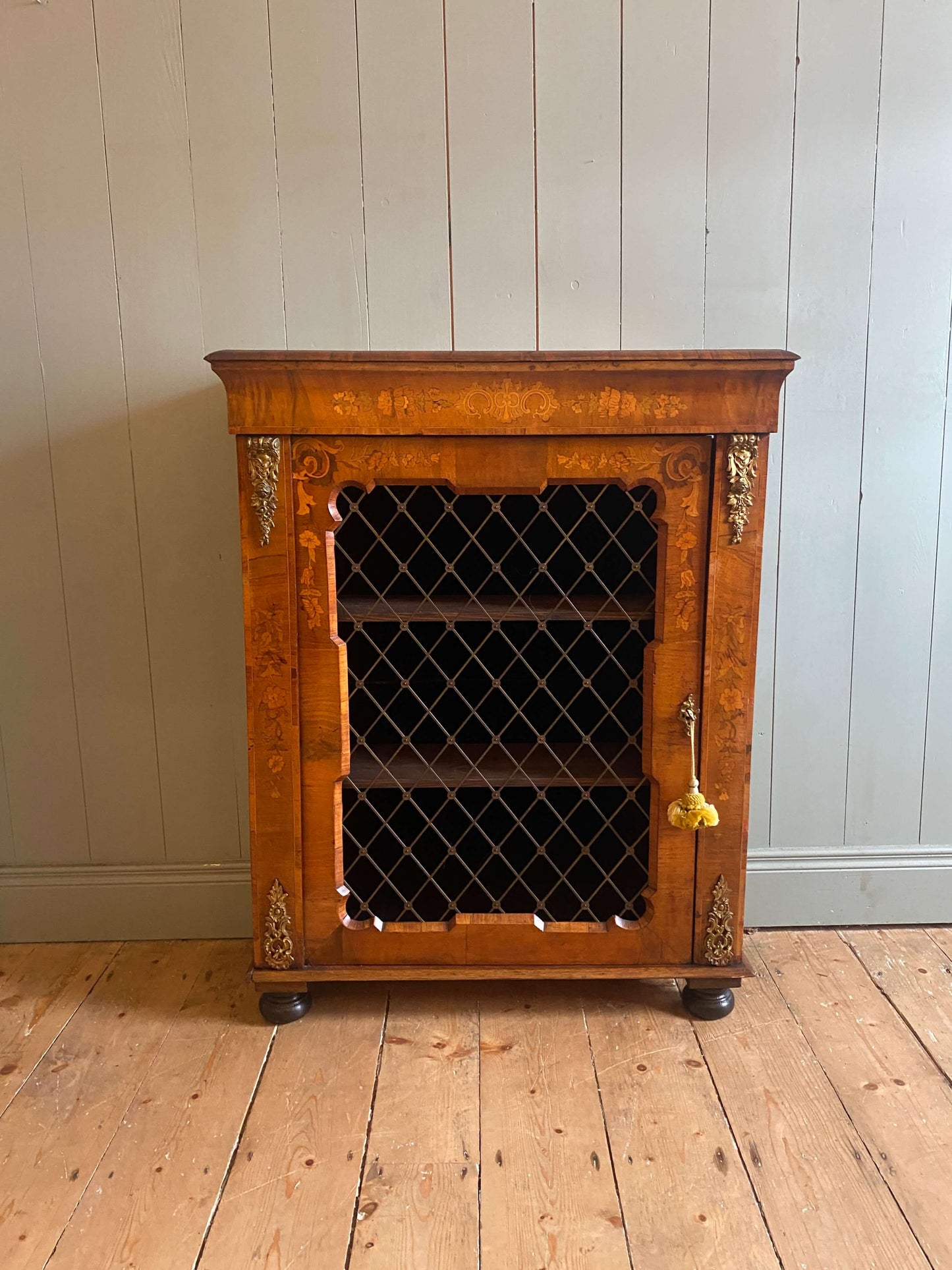 Victorian Burr Walnut & Floral Inlaid Pier Cabinet