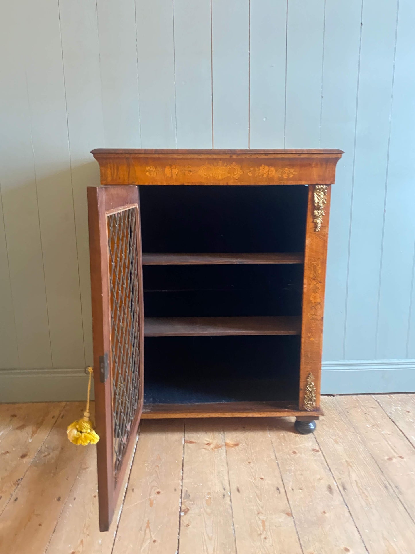 Victorian Burr Walnut & Floral Inlaid Pier Cabinet